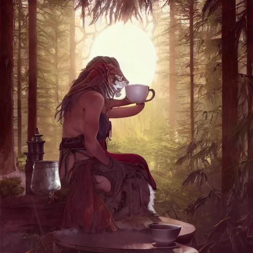 Image similar to spartan shaman drinking tea with trichocereus background and smoke haze, full moon, wolf, photo in the style of the celestine prophecy, wlop, artgerm, greg rutkowski and alphonse mucha