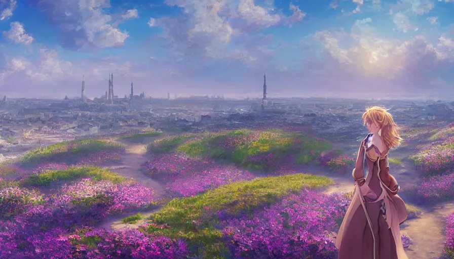 Image similar to over the shoulder landscape painting of violet evergarden standing on a distant colorful flower hill, behind it a distant old european city leiden from violet evergarden next to the reflecting ocean, ocean, sunshine, fantasy, intricate, elegant, highly detailed, digital painting, artstation, blender, unreal engine 5, octane render, smooth, sharp focus, illustration, by Anton Fadeev and Philipp A. Urlich and Pengzhen Zhang and Andreas Rocha