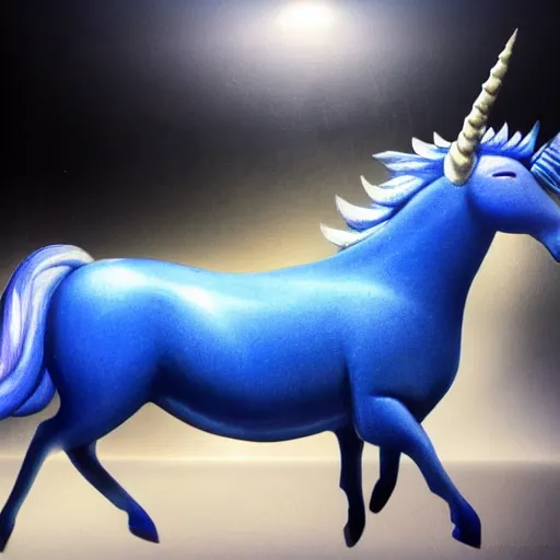 Prompt: blue unicorn, its skin is recovered by blue electrical discharges, it's running between a storm, the floor is a very big field of black rock, the sky is black and moonless, high - quality, realistic, there is space around the figure