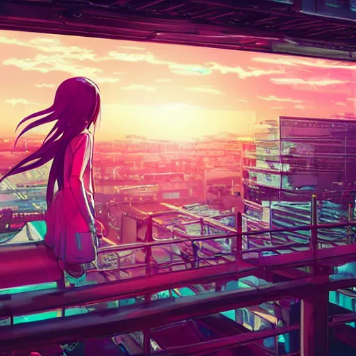 Prompt: android mechanical cyborg anime girl child overlooking overcrowded urban dystopia. Legs hanging off of walkway. Pastel pink clouds baby blue sky. Gigantic future city. Makoto Shinkai. wide angle. distant shot. purple sunset. sunset ocean reflection.