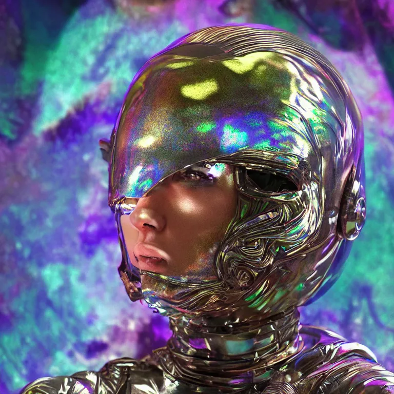 Image similar to octane render portrait by wayne barlow and carlo crivelli and glenn fabry, subject a cyborg woman covered in tie - dye skintight aluminum foil space suit with a iridescent metallic space helmet, surrounded by alien plants, cinema 4 d, ray traced lighting, very short depth of field, bokeh