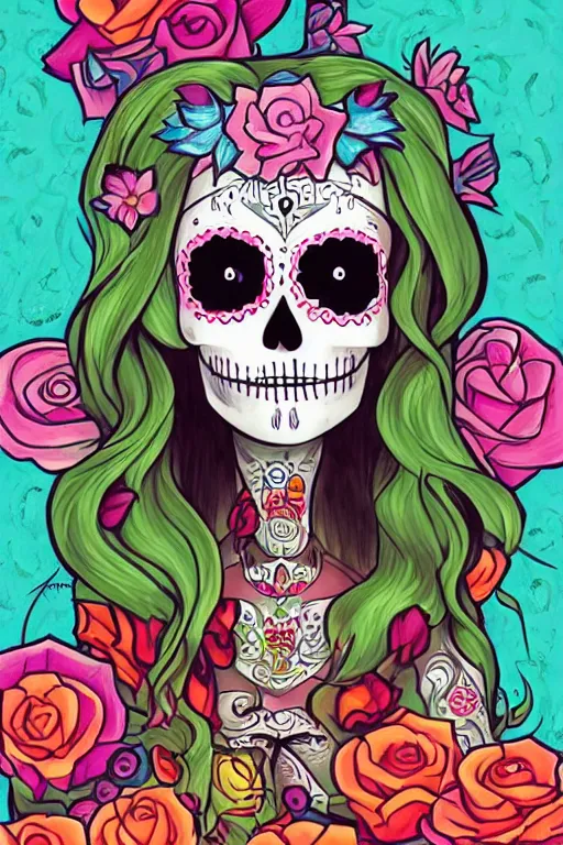 Prompt: Illustration of a sugar skull day of the dead girl, art by loish