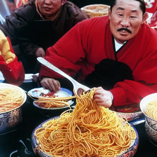 Image similar to genghis khan eating spaghetti on the times square