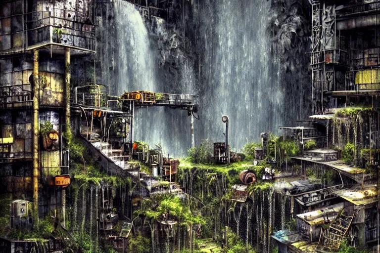 Image similar to gothic waterfall favela honeybee hive, brutalist environment, industrial factory, apocalyptic, somber, award winning art, epic dreamlike fantasy landscape, ultra realistic,