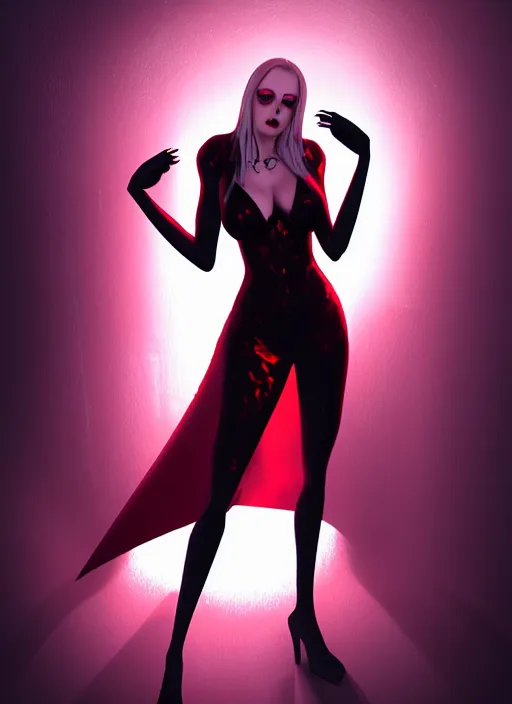 Prompt: full body portrait, vampire queen, blood, las vegas at night, highly detailed, CGsociety, subtle, concept art, HDR, hyper realistic, volumetric lighting, subsurface scattering, unreal