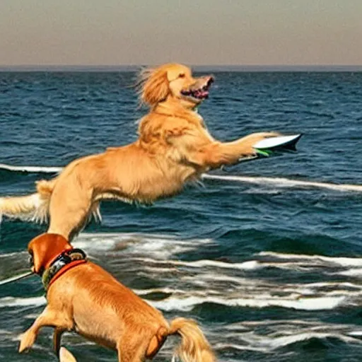 Prompt: golden retriever riding on a shark shooting lasers out of its eyes