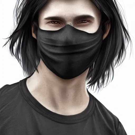 Image similar to professional digital art of a young adult man with slightly long hair wearing a black face mask and an oversized dark sweatshirt and dark sweatpants, high quality, HD, 8K, highly detailed, award-winning, sci-fi, fantasy, movie, show, tv series, actor, character