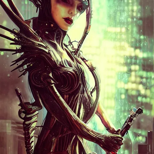 Image similar to a full body beautiful woman wearing a cyberpunk outfit by karol bak, ayami kojima, artgerm, sakimichan, hr giger, blue eyes, weapons, electronics, high tech, cyber wear, latex dress, bandage, concept art, fantasy, cyberpunk