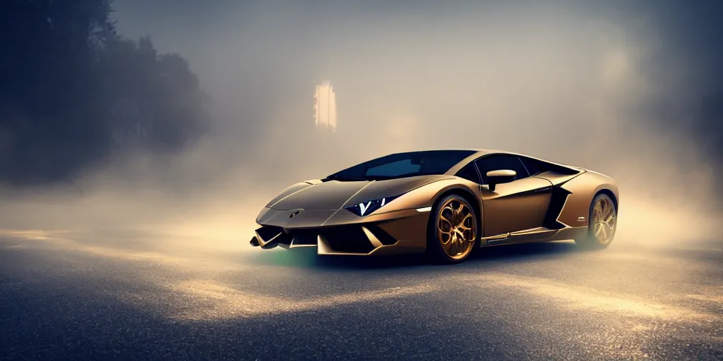 Image similar to parked lamborghini sian, fog, volumetric lighting, beautiful, golden hour, golden ratio, sharp focus, highly detailed, cgsociety