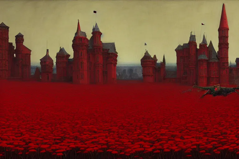 Image similar to only with red, red flowers of different types, red castle in background, red medieval goblins, in the style of beksinski, parts by edward hopper, parts by rodcenko, parts by yue minjun, intricate and epic composition, red by caravaggio, insanely quality, highly detailed, masterpiece, red light, artstation, 4 k