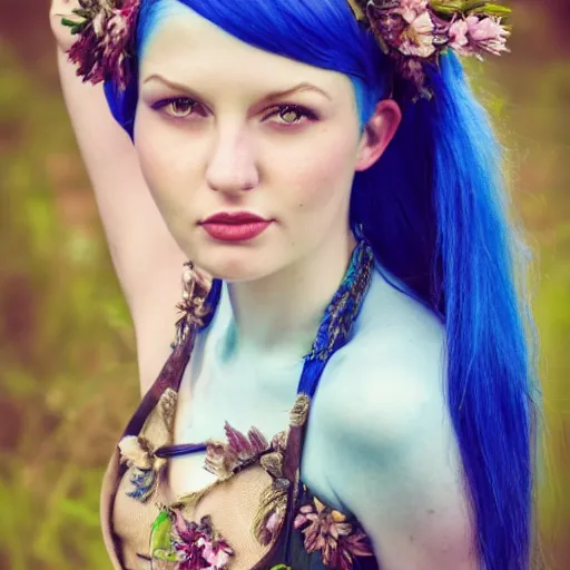 Prompt: dslr photo of a pretty young woman with blue hair, standing in a vast forest and wearing a flower skirt, and body and wearing hemp sandals and a very detailed faerie necklace around neck, artgerm, artstation, very high quality face, extremely high quality, moody lighting, real camera, real photo, photography by deviantart, 8 k, full subject in shot