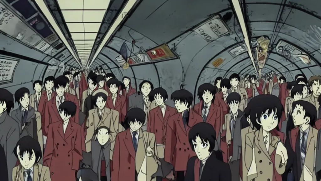 Prompt: horror movie about the london underground tube subway, anime film still from the an anime directed by katsuhiro otomo with art direction by salvador dali, wide lens