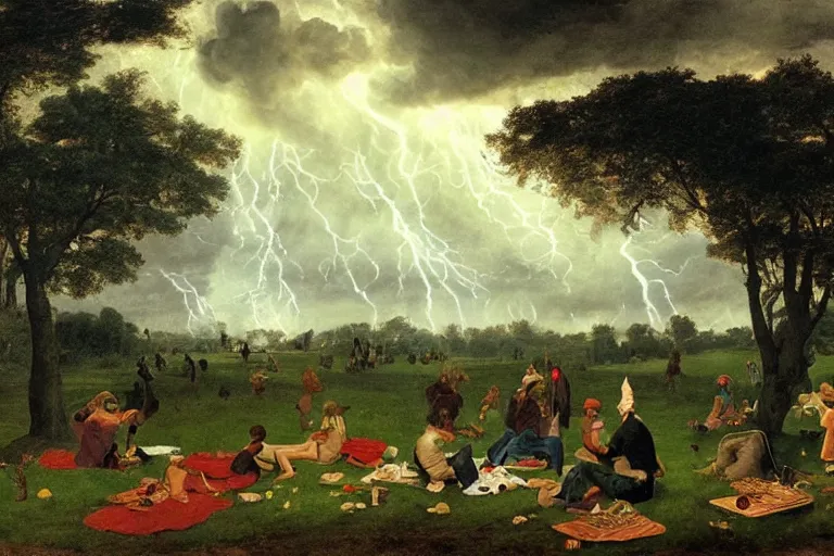 Image similar to a detailed illustration of a god ruining a picnic in the park, nightmare in the park, calamity, dark storms with lightning, ultrawide lens, aerial photography, natural disaster, 8 k, art by pierre - henri de valenciennes and caspar david friedrich and jacob gensler and eugene isabey