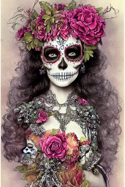 Prompt: Illustration of a sugar skull day of the dead girl, art by hans zatzka