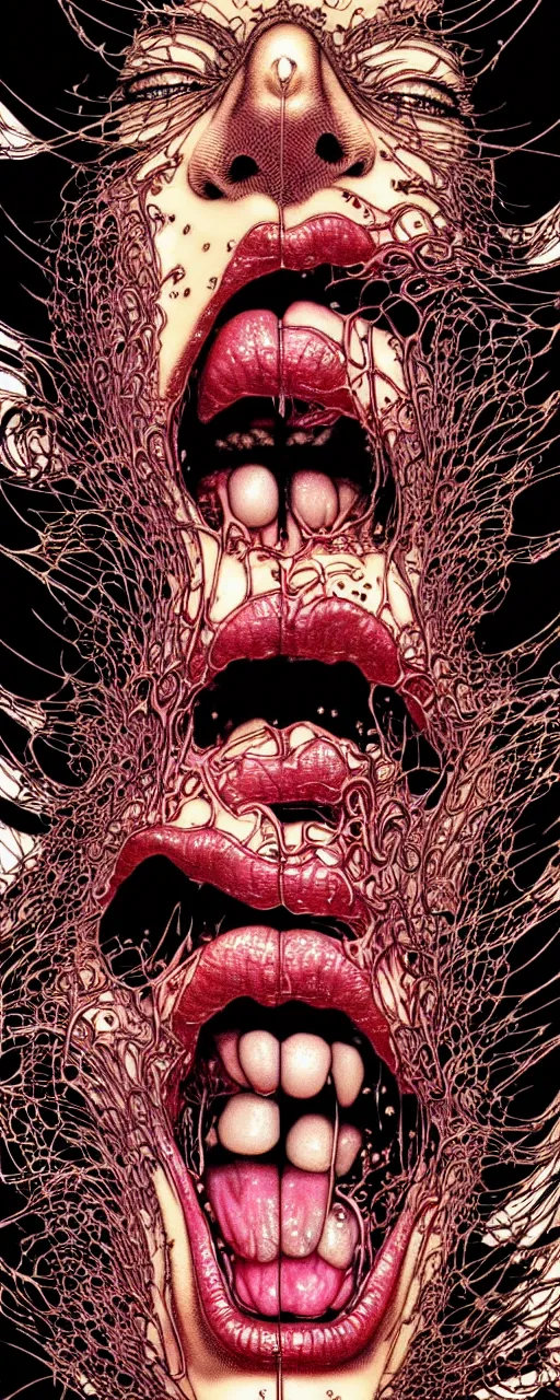 Image similar to closeup of face melting in agony with tongue, inside a frame on a tiled wall, frontal picture, by yoichi hatakenaka, masamune shirow, josan gonzales and dan mumford, ayami kojima, takato yamamoto, karol bak