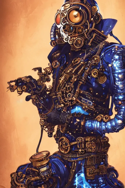 Prompt: Portrait of a steampunk sci-fi cyborg ninja, third person, D&D, sci-fi fantasy, intricate, blue and gold, highly detailed , art by Range Murata, highly detailed, 3d, octane render, bright colors, digital painting, trending on artstation, sharp focus, illustration style of Stanley Artgerm,