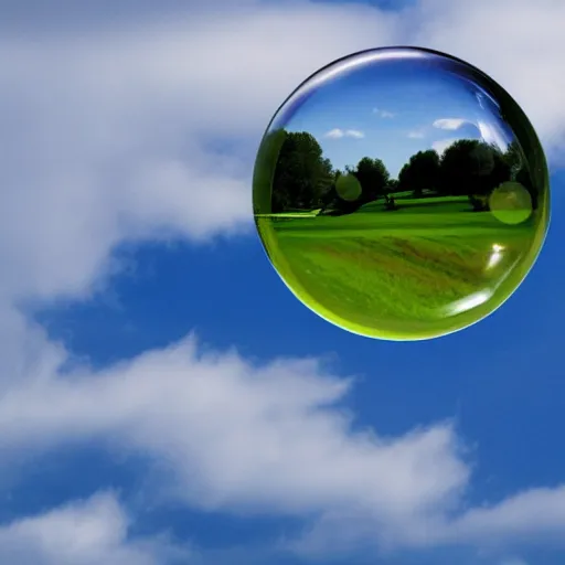 Image similar to A photograph of the Windows XP Bliss wallpaper inside of a giant floating soap bubble, floating in a blue and cloudy sky.