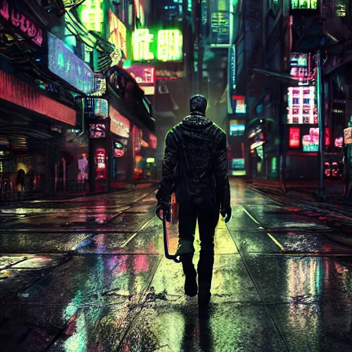 Image similar to A man with nothing left to lose, wandering in the hostile neon-soaked dirty streets of a city from the future, armed and dangerous, cyberpunk. night, rain, dark clouds, realistic 4k octane beautifully detailed render, 4k post-processing, highly detailed, intricate complexity, epic composition, magical atmosphere, cinematic lighting, masterpiece, ultra hd