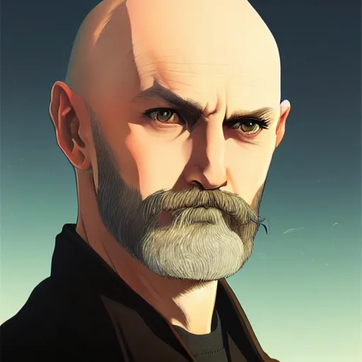 Prompt: portrait from a handsome masculine balded wizard by artist kuvshinov ilya