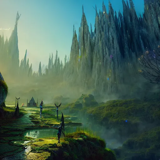 Prompt: in a ethereal magical elven city, 4k, HDR, award-winning, landscape, unreal engine, artstation
