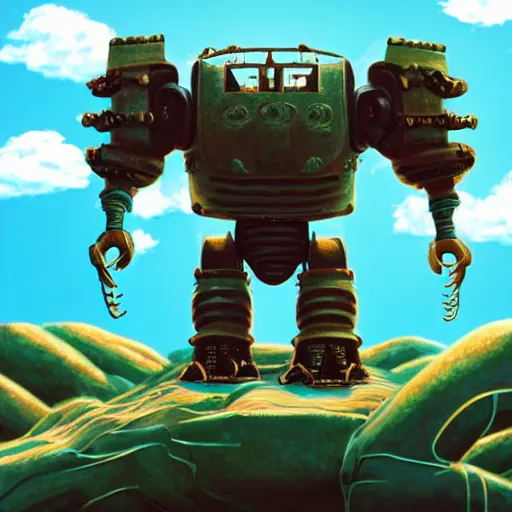 Prompt: concept illustration of a huge bronze metal robot ogre with weird metal pipes all over its body, lying calmly in the white sand among green grey ruins against a bright blue sky, in the style of award winning animated movie ghibli studio,