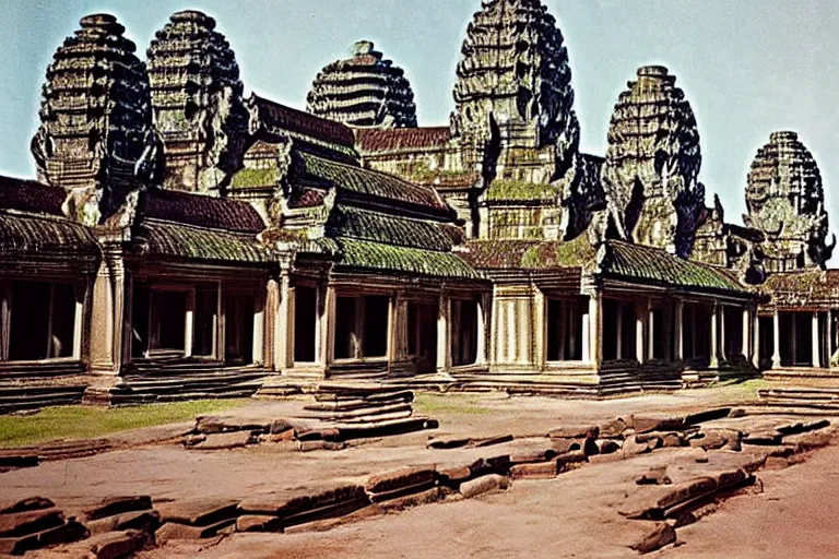 Prompt: Reconstructed Angkor Wat colorized photography from 1920