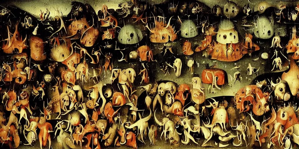Image similar to A scene from hell, Hieronymus Bosch painting style.
