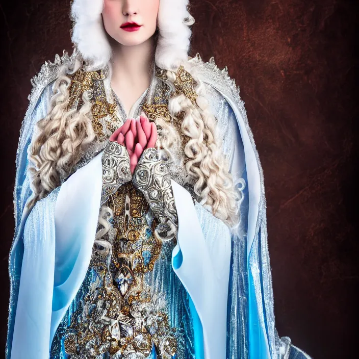 Prompt: full length photo of a very beautiful!! ice queen with ornate robes, highly detailed, 4 k, hdr, smooth, sharp focus, high resolution, award - winning photo