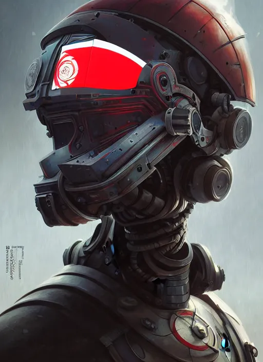 Image similar to a portrait of epic mechanical futuristic war robotic racing helmet with indonesian flag highly detailed, digital painting, concept art, smooth, sharp focus, illustration, art by greg rutkowski