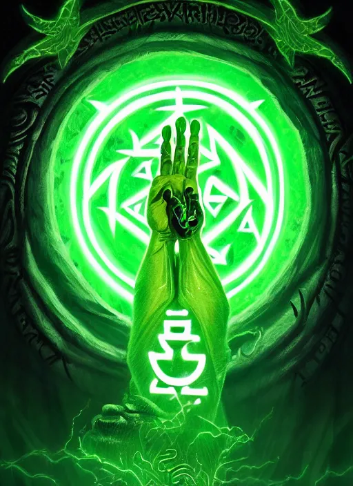 Prompt: illustration of a demonic evil glowing green portal with glowing runes, with hands reaching out from the portal covered in rune tattoos, intricate, demonic, evil green lighting, highly detailed, digital painting, artstation, concept art, smooth, sharp focus, illustration, art by wlop, mars ravelo and greg rutkowski