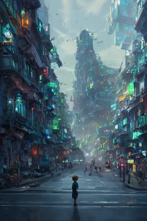 Image similar to a portrait of a small person in the middle foreground walking in the street of a great green and blue mechanical city by Greg Rutkowski, Sung Choi, Mitchell Mohrhauser, Maciej Kuciara, Johnson Ting, Maxim Verehin, Peter Konig, final fantasy , mythical, 8k photorealistic, cinematic lighting, HD, high details, atmospheric,