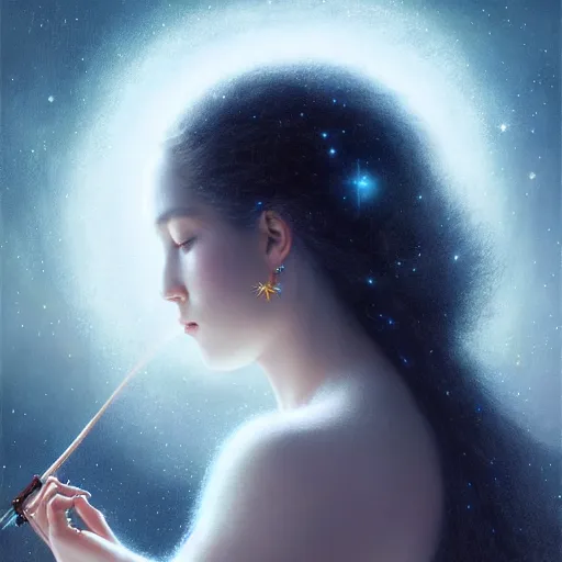 Image similar to a high quality life like portrait of a very very beautiful! celestial goddess of life playing a mysterious violin and springing life into the universe, highly detailed, intricate, sharp focus, fantasy, cinematic lighting, dreamlike, exotic, mystery, realistic, trending on artstation, fantasy, by WLOP and greg rutkowski