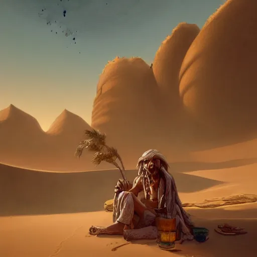 Image similar to a desert vagabond wearing a tattered robe lounging next to an oasis surrounded by sand dunes, by wlop and peter mohrbacher, extremely detailed shading, concept art, digital painting, trending on artstation, unreal engine 5, octane render, atmosphere, glow, cinematic lighting, full of color