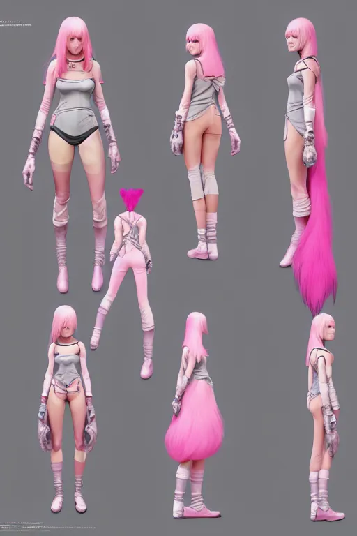 Image similar to character sheet for a pink haired female for demobaza futuristic fashion impact by craig mullins, by studio ghibli, digital art, trending on artstation, hd, 8 k, highly detailed, good lighting, beautiful, masterpiece