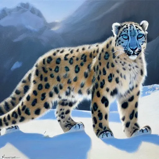 Image similar to oil painting of a snow leopard on canvas, by James gurney, realism, warm lighting, award winning, high detail, professional, volumetric lighting