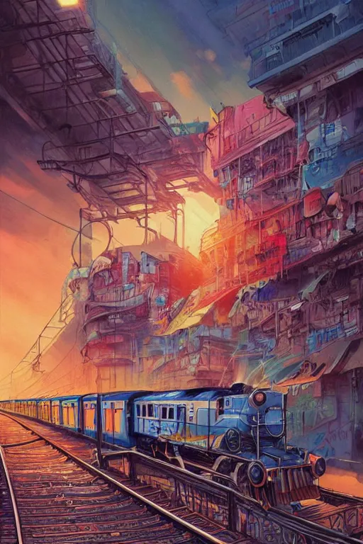 Image similar to trains covered in dripping graffiti paint, by hiroshi yoshida and moebius and loish and artgerm, painterly, symmetrical, ultra detailed, hyper realistic, illustration, sunset lighting