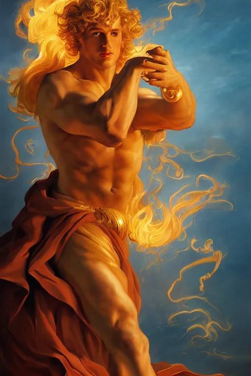 Image similar to Lucius as a demigod of scintillating radiance, long fluffy blond curly hair, wreathed in magnificent flames, oil on canvas, golden hour, artstation, by J. C. Leyendecker and Peter Paul Rubens