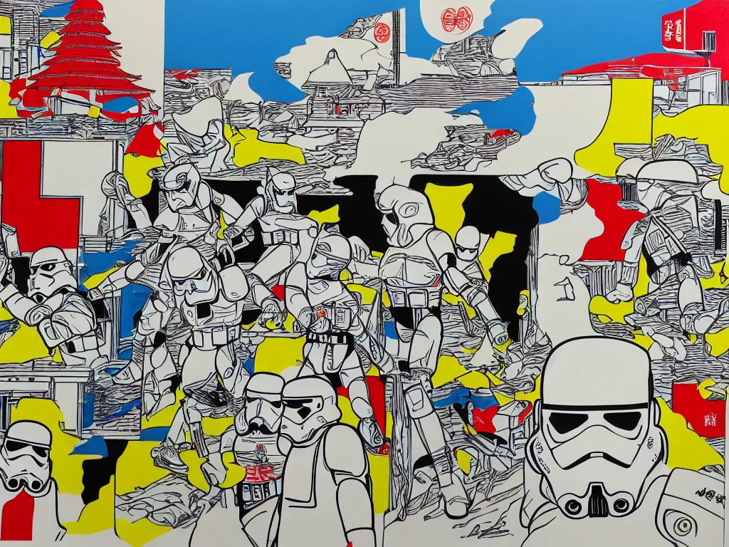 Image similar to hyperrealism composition of the japanese home with a garden, detailed stormtrooper in hot springs, pop - art style, jacky tsai style, andy warhol style, roy lichtenstein style, acrylic on canvas