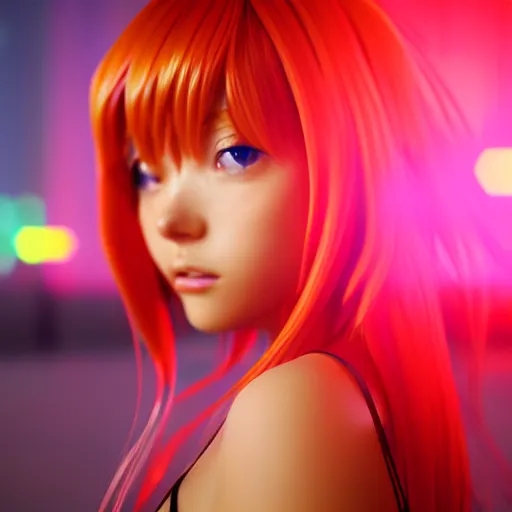 Image similar to asuka langley in a neon city, octane render 8 k, photorealistic render, atmospheric render, beautiful face, cute, realistic skin, redshift render, realistic reflections