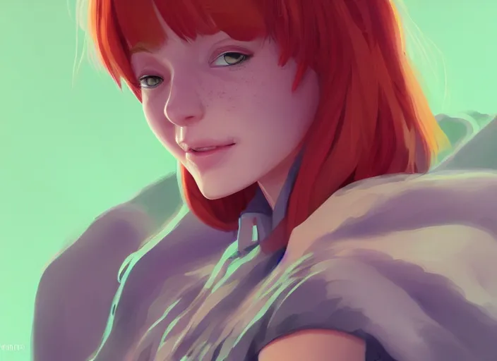 Image similar to portrait of a beautiful smiling girl with orange hair and freckles, green eyes, highly detailed, digital painting, concept art, smooth, sharp, focus, background is purple, anime key visual, ilya kuvshinov, Ross Tran, artstation