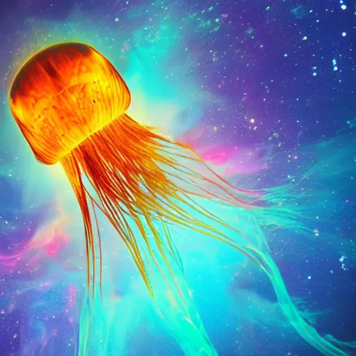 Image similar to psychedelic lions mane jellyfish swimming through space, colorful, nebula, concept art, universe, cinematic, 8 k,