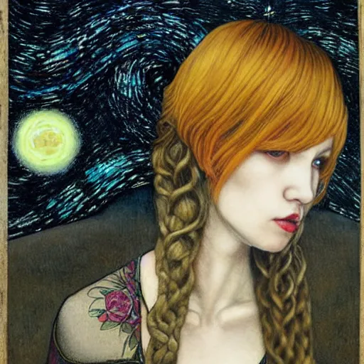 Image similar to by chie yoshii threatening. a beautiful land art of a woman with long flowing hair, wild animals, & a dark, starry night sky.