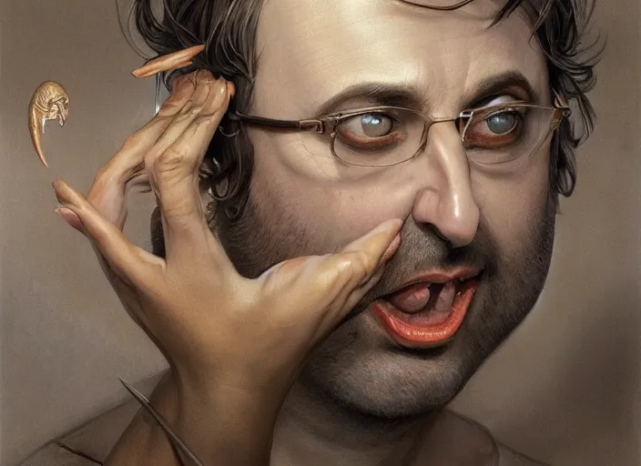 Prompt: eric wareheim with reptile eyes, gray skin. intricate, elegant, highly detailed, centered, digital painting, artstation, concept art, smooth, sharp focus, illustration, artgerm, tomasz alen kopera, peter mohrbacher, donato giancola, joseph christian leyendecker, wlop, frank frazetta