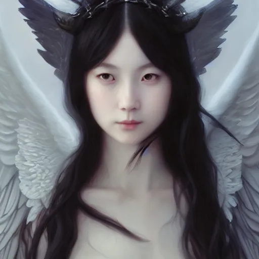 Prompt: Beautiful pale angelic goth korean girl with angel wings, masterpiece 4k digital illustration by Ruan Jia and Mandy Jurgens and Artgerm and william-adolphe bouguereau, highly detailed, trending on artstation, award winning,