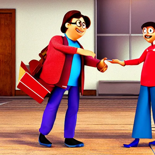 Image similar to illustration of two happy people exchanging items, pixar - style, 3 d render