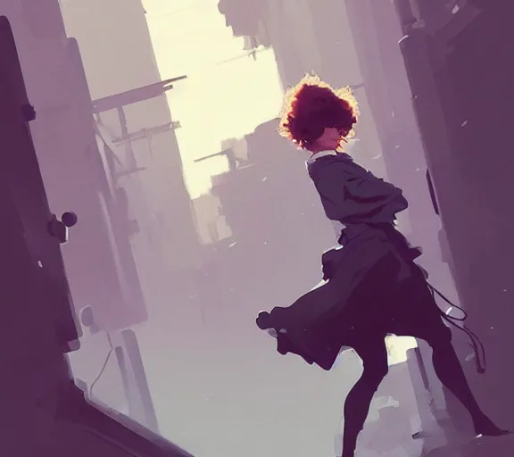 Prompt: portrait woman with short ginger curly hair on the duel with a men, by atey ghailan, by greg rutkowski, by greg tocchini, by james gilleard, by joe fenton, by kaethe butcher, by ashley wood, dynamic lighting, gradient light blue, brown, blonde cream and white color scheme, grunge aesthetic