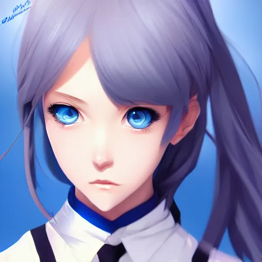 Image similar to high school girl split dimensions, azure blue eyes, silver hair, digital anime art, made by ilya kuvshinov, artgerm and xiaoguaishou, trending on artstation