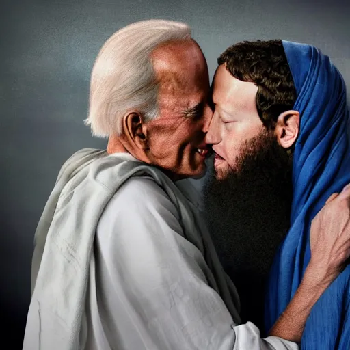 Image similar to 4 k portrait sony a 7 f 2. 8 of mark zuckerberg as a taliban leader kissing president joe biden as a taliban leader