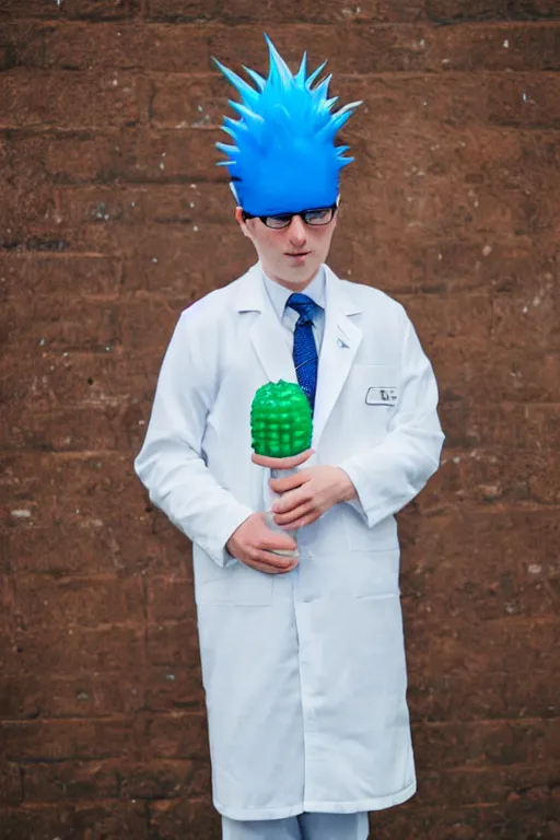 Prompt: real life pickle rick with white labcoat and blue spiky hair, zeiss lens, photography