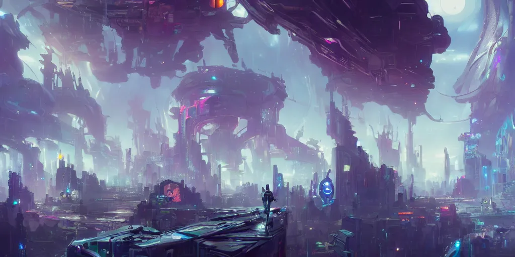 Image similar to cyberpunk world as seen from outer space concept art by pete mohrbacher and artgerm and wlop and greg rutkowski, digital art, highly detailed, intricate, sci-fi, neon colors, sharp focus, Trending on Artstation HQ, deviantart, unreal engine 5, 4K UHD image